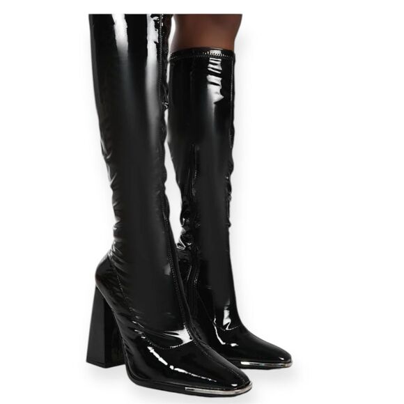 Public Desire Caryn Black Patent Wide High Block High Heel Boots Silver Tip Sz 6 - Picture 4 of 13